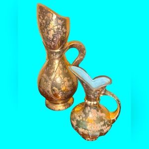 VTG PAIR Savoy China 24 kt Gold Splatter Glaze MCM Pitchers/Vases- 12” & 7" Tall